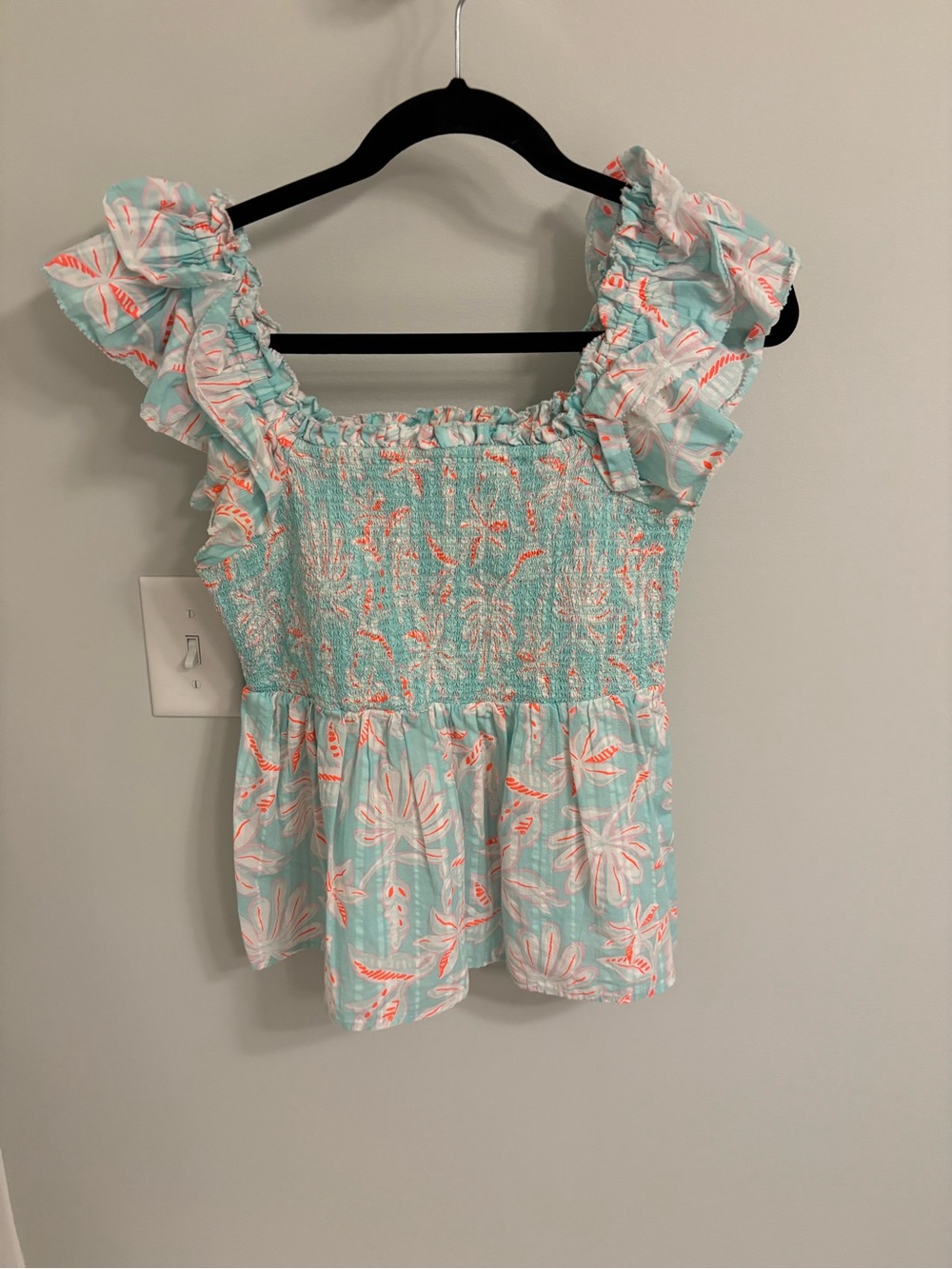 Vineyard Vines Light Blue and Coral Floral Smocked Peplum Top